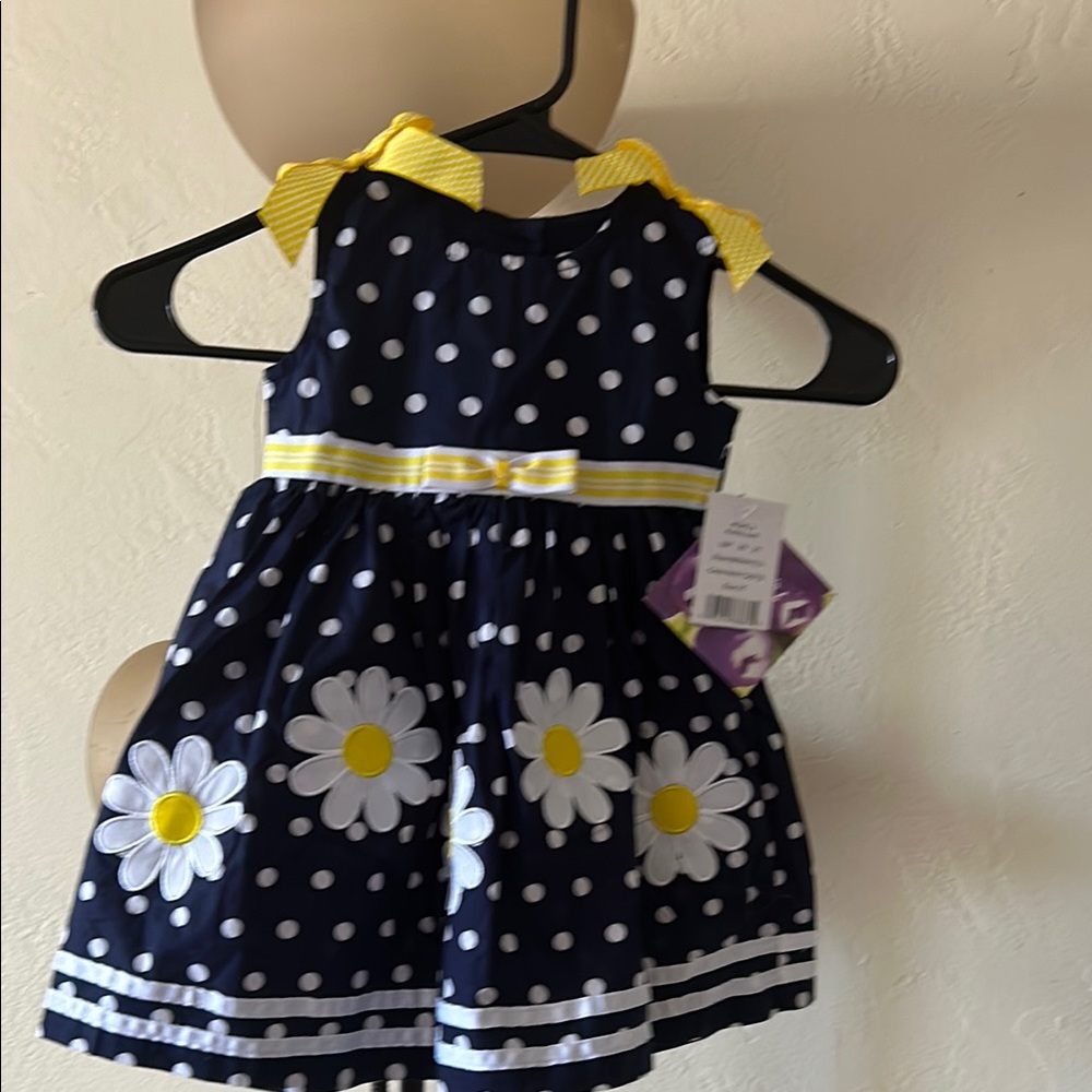 Navy Polka Dot Dress with Daisy Print
